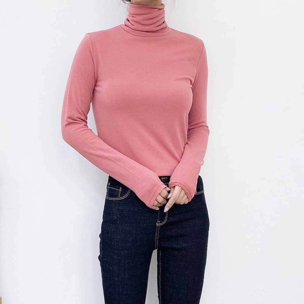 목 늘어짐없는 기모 티 폴라 터틀넥 면 스판 레이어드 슬림 이너 티셔츠 쫄티 핑크 하늘색