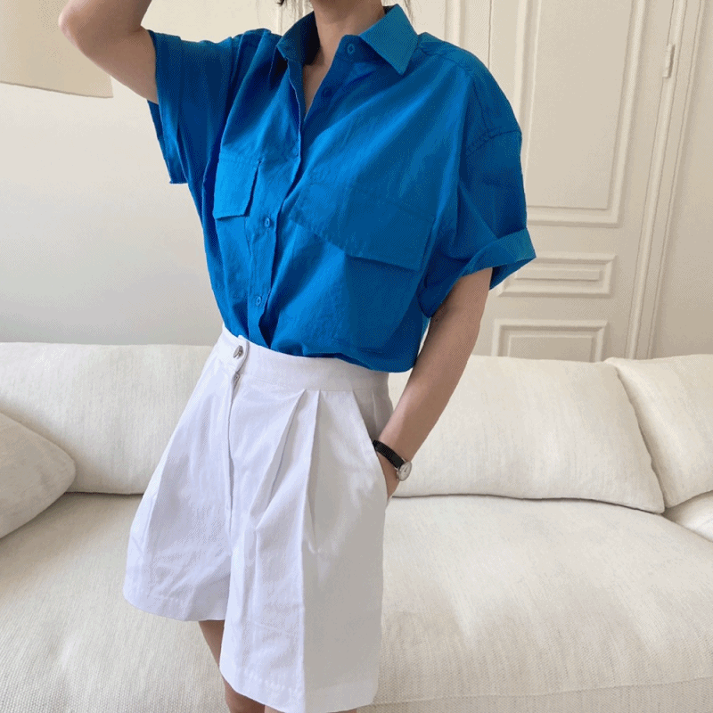 여자 크롭 코발트블루 흰셔츠 투포켓 루즈핏 면 여름 반팔 셔츠 블라우스 남방