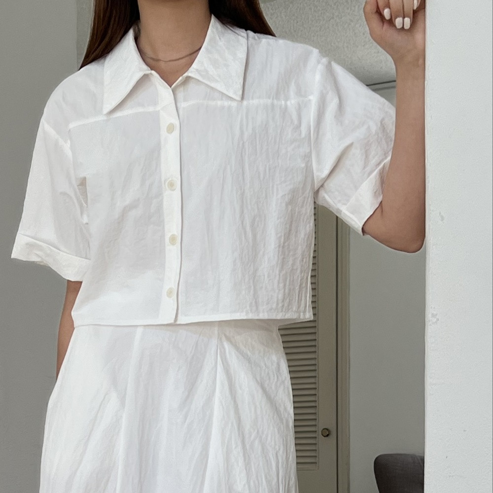 바스락 크롭 아노락 링클프리 여성 여름 반팔 흰색 블라우스 셔츠 남방