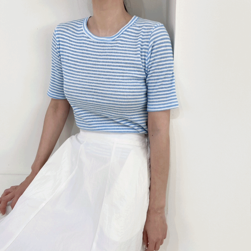 스트라이프 스프라이트 단가라 슬림 여름 반팔 7부 여성 티셔츠 민트색 소라색 하늘색 블랙