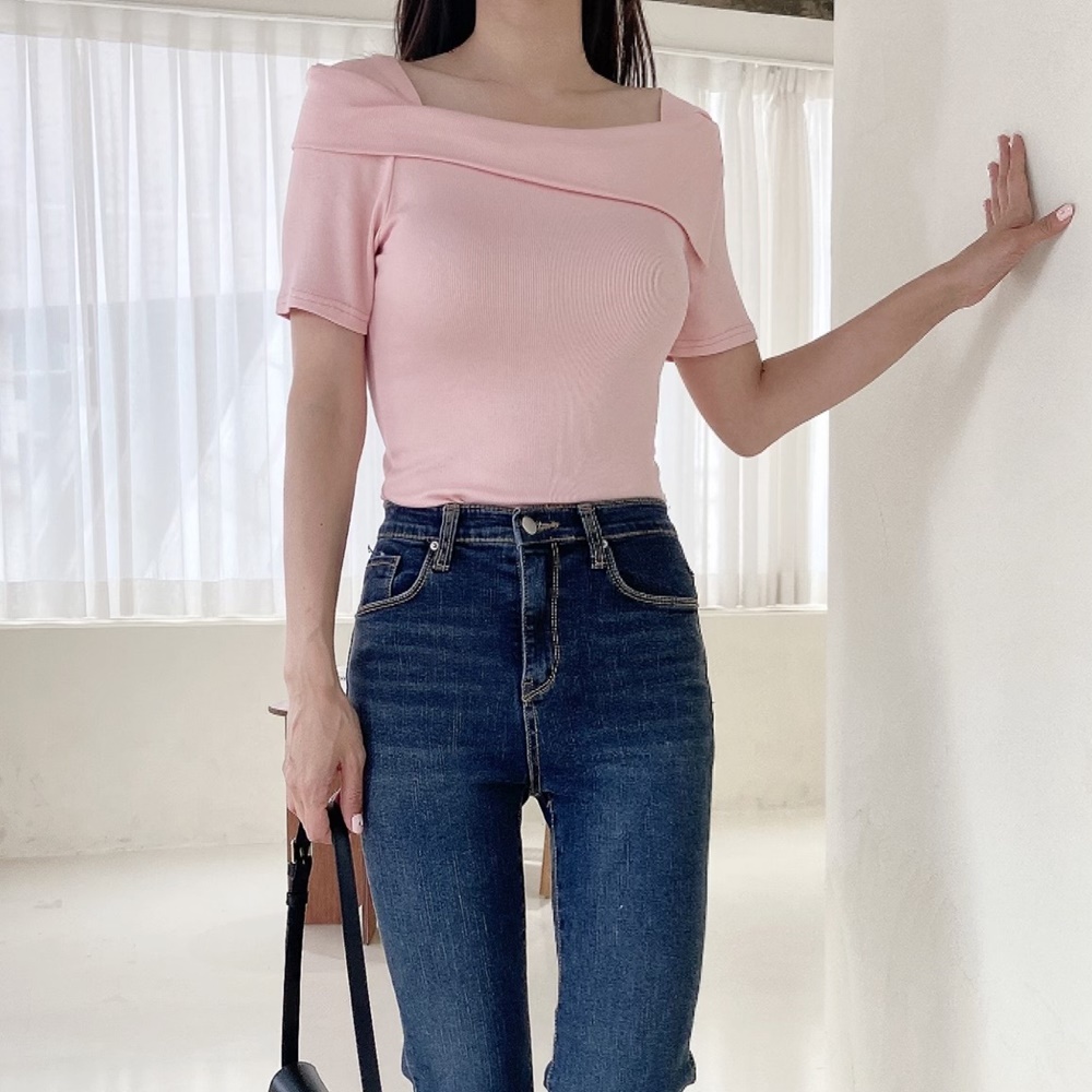여자 흰티 스퀘어넥 5부 반팔 골지 쫄티 크롭 핑크색 화이트 흰색 여름 티셔츠
