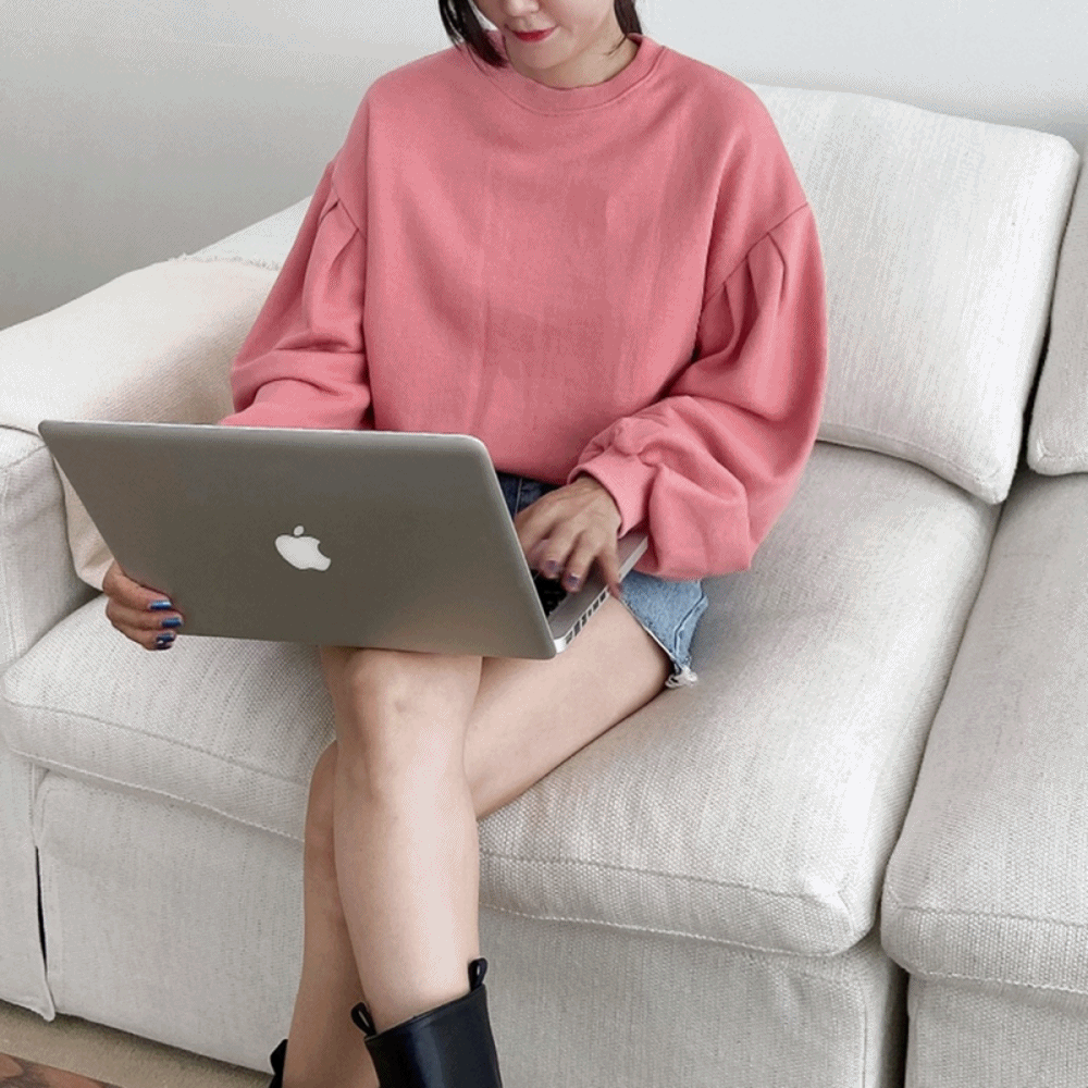 퍼프 나그랑 무지 쭈리 루즈핏 크롭 여성 가을 맨투맨 티셔츠 핑크 민트색